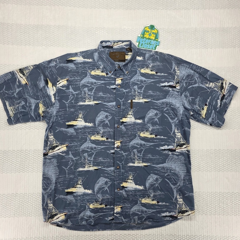 North River Mens XL Blue Sailboat Swordfish Nautical Cruise Button Up Shirt